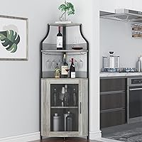 Corner Wine Bar Rack Cabinet with Detachable Wine Rack, Bar Cabinet with Glass Holder, Small Sideboard and Buffet Cabinet with Mesh Door (Grey)