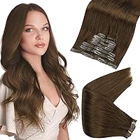 Full Shine Clip in Hair Extensions Brown Human Hair Straight Brown Extensions Clip in Hair Ash Brown Hair Extensions 20 Inch Seamless Pu Weft Long Clip in Hair 8Pcs 120 Grams
