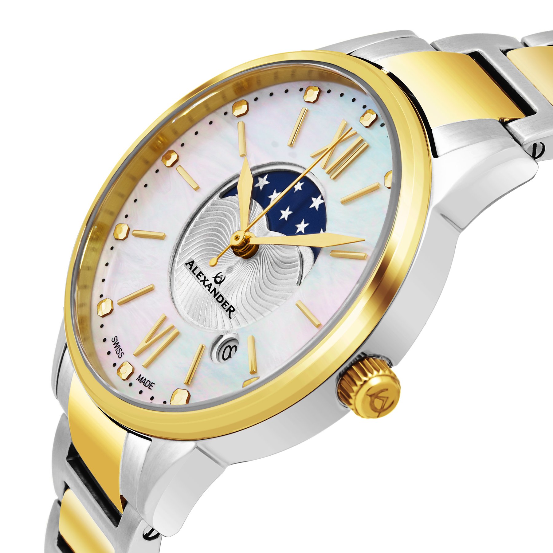 Alexander Monarch Vassilis Moon Phase Date White Mother of Pearl 35 MM Face Stainless Steel Yellow Gold Watch for Women - Swiss Quartz Elegant Two Tone Ladies Fashion Designer Dress Watch A204B-04