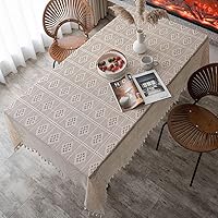 Chic Crochet Plaid Tablecloth with Tassels Bohemian Beige Handmade Embroidered Table Cloth Kitchen Dinning Table Cover Tabtop Deacoration for Wedding Party, Rectangle 59