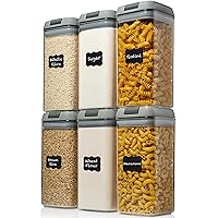 Shazo Airtight Food Storage Container (Set of 6) - BONUS Measuring Cup - Durable Plastic - BPA Free - Clear with Improved Lids (Gray) - Air Tight Snacks Pantry & Kitchen Canisters