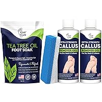 Tea Tree Oil Foot Soak with Epsom Salt Callus Remover for Feet with Extra Strength Gel & Foot Pumice Stone Set - Easy Way to Remove Hard Calluses & Dead Skin Build-Up - Professional at-Home Foot Care