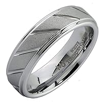 Custom Engraved White Tungsten Carbide Wedding Band 6mm or 8mm Sand Blasted with Diagonal Lines Ring