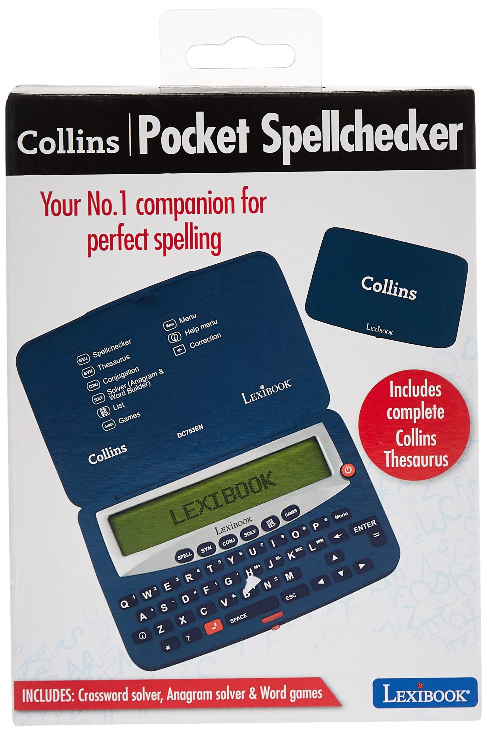 LEXiBOOK DC753EN Electronic Pocket Spellchecker, Thesaurus, Crossword, Conjugation, Anagram Solver, Words Games, with Battery, Blue/White