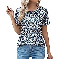 Tank Top for Women Loose Fit Casual Crew Neck Pleated Short Sleeve Tunic Dressy Blouses Soft Solid/Print Shirt