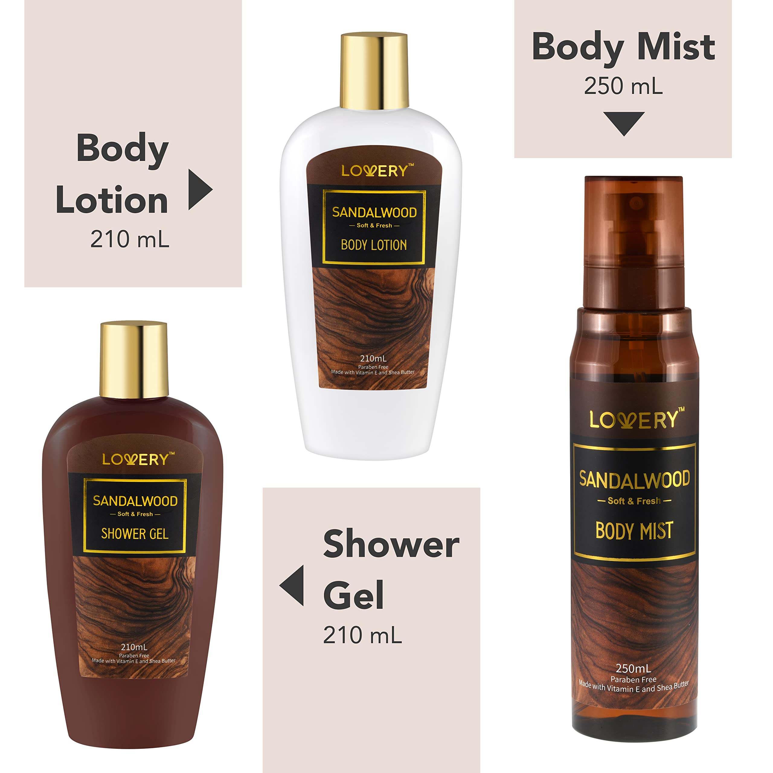 Bath and Body Gift Set for Women & Men, Sandalwood Home Spa Set With Natural Extracts, Vitamin E, Shea Butter - Shower Gel, Body Lotion, Body Mist, Personal Self Care Kit & Body Care Travel Set