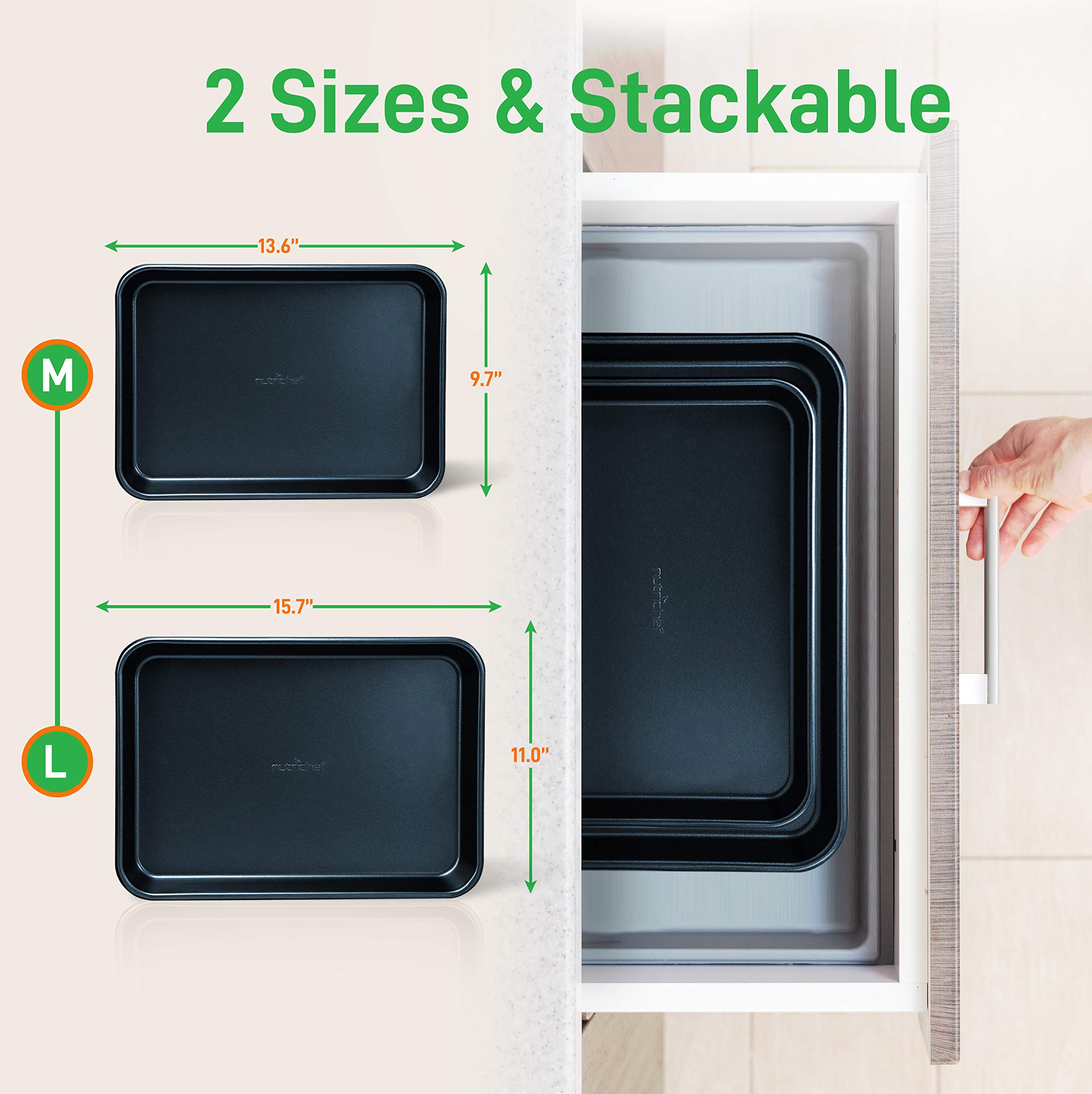 NutriChef Non-Stick Cookie Sheet Baking Pans - 2-Pc. Professional Quality Kitchen Cooking Non-Stick Bake Trays w/ Blue Diamond Coating Inside & Outside, Dishwasher Safe - NutriChef, One Size