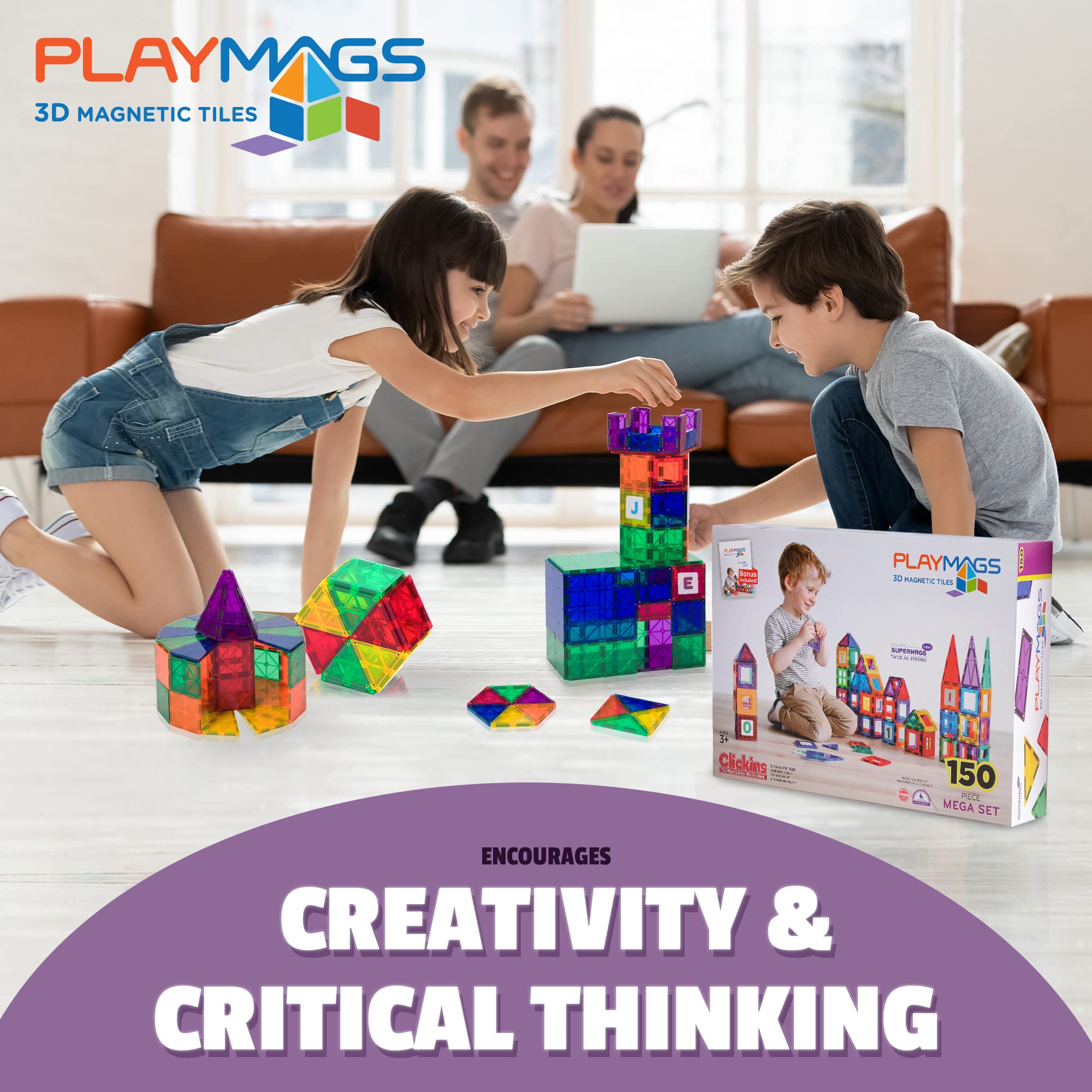 Playmags 150-Piece Magnetic Tiles Building Set – 3D Magnet Building Blocks, Creative Imagination, Inspirational, Educational STEM Toys for Kids with 1 Car