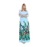 Autumn Women's Light Blue Long Silk Dress 2017 Fall Cactus Print Female Maxi Dress