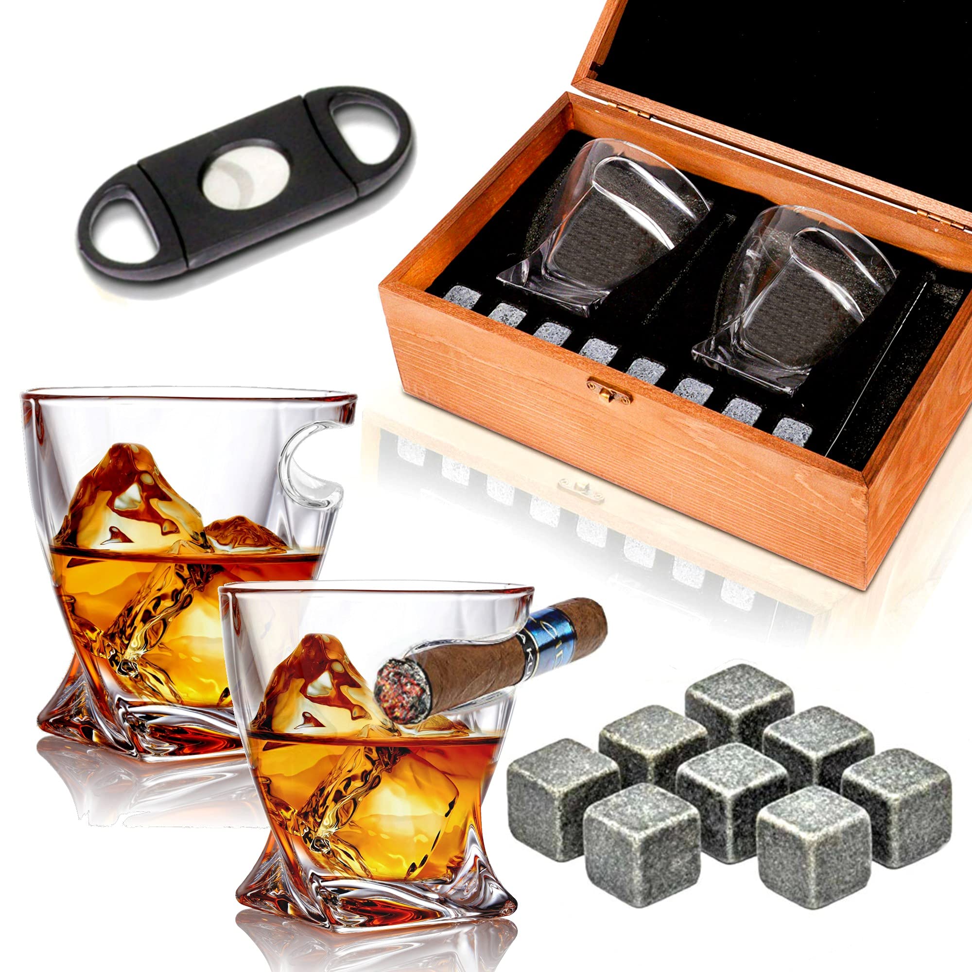 Bezrat Old Fashioned Whiskey Cigar Glasses With Side Mounted Cigar Holder + Whisky Chilling Stones and accessories in Wooden Box - Scotch Bourbon S...