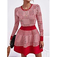 TLULY Sweater Dress for Women Houndstooth Pattern Flare Hem Sweater Dress Sweater Dress for Women (Color : Red and White, Size : Medium)