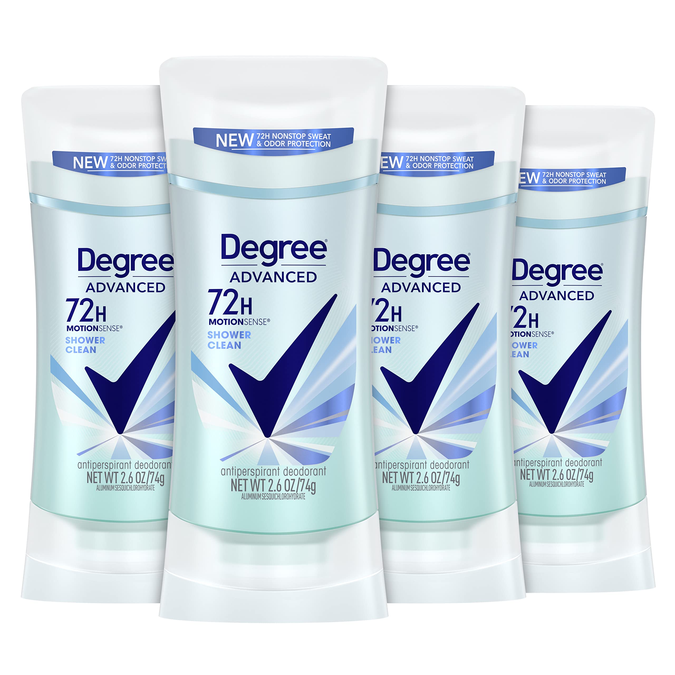 Degree Advanced Antiperspirant Deodorant 72-Hour Sweat & Odor Protection Shower Clean Antiperspirant for Women with MotionSense Technology 2.6 oz, Pack of 4