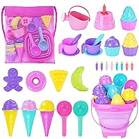 Ice Cream Beach Toys Sand Toys Set for Kids, Collapsible Sand Bucket and Shovels Set with Mesh Bag, Sand Molds, Watering Can, Sandbox Toys for Kids and Toddlers, Travel Sand Toys for Beach