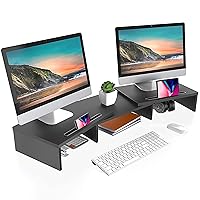 FITUEYES Dual Monitor Stand – 3 Shelf Computer Monitor Riser, Wood Desktop Stand with Adjustable Length and Angle, Desk Accessories, Office Supplies Light Black,DT111101WB