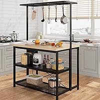 Kitchen Island with Storage, Bakers Rack with Power Outlet, Island Table for Kitchen,3 Tier Microwave Stand Oven Shelf,Large Coffee Bar Table, Storage Shelf for Kitchen Dining Room Living Room,5 Hooks