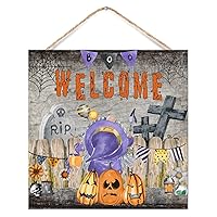 RIP Tombstone Halloween Front Door Sign Halloween Gnome with Pumpkins Farmhouse Porch Decorations Vintage Door Sign Housewarming Gifts 12x12in