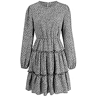Women's Wear 2021 New Pullover Long-Sleeve Floral Fashion Dress Women's Autumn/Winter A-line Dress (Black,M)