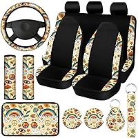 15 Pcs Boho Hippie car seat Covers Full Set，Daisy Rear Front Seat Protector Steering Wheel Cover Seat Belt Cover Armrest Pad Cup Mat Keychain Wrist Strap,Cute Car Accessories for Women