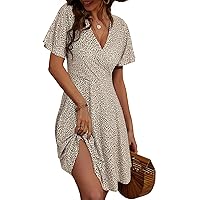 FENSACE Womens Sundress Summer Floral Short Sleeve Wrap V Neck A-Line Midi Dress