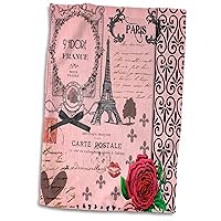 3D Rose Stylish Vintage Pink Paris Collage Art-Eiffel Tower-Red Rose-Girly Gothic Black Bow and Swirls Hand/Sports Towel, 15 x 22