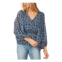 Vince Camuto Womens Smocked Lined Balloon Sleeve V Neck Sweater