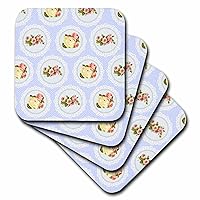 3dRose CST_151422_3 Shabby Chic Flower Pattern Pink & White Roses in Lace-Graphic Circles on Girly Vintage Baby Blue Ceramic Tile Coasters, (Set of 4)