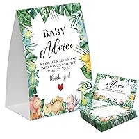 Dinosaur Advice for the Parents-to-Be, Pack of One 5x7 Sign and 50 Advice Cards, Greenery Baby Shower Decoration, Gender Neutral Party Supplies - AC07