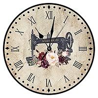 Floral Sewing Machine Wood Wall Clocks Quilters Hanging Wall Clock 12inch Rustic Silent Non-Ticking Battery Operated Wood Wall Clocks Decorative for Home Office Craft Room Decor Kitchen Office