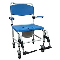 Drive Medical NRS185008 Bariatric Aluminum Rehab Shower Commode Chair with Two Rear-Locking Casters, Blue and White
