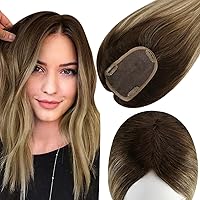 10inch Hair Pieces For Women Hand Tied Extensions 3 * 5Inch Brown to Blonde Mixed With Brown Crown Extensions Topper 10inch Mono Base Hair Piece Top Wiglets For Women Hair Piece Clip in