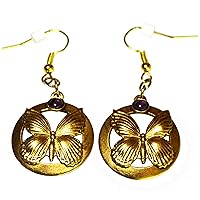 Elaine Coyne Antiqued Gold Butterfly Dangle Earrings with Amethyst Made in USA