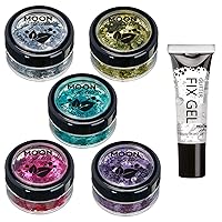Biodegradable Eco Chunky Glitter by Moon Glitter - 100% Cosmetic Bio Glitter for Face, Body, Nails, Hair and Lips - 3g - Set of 5 - plus Glitter Fix Gel