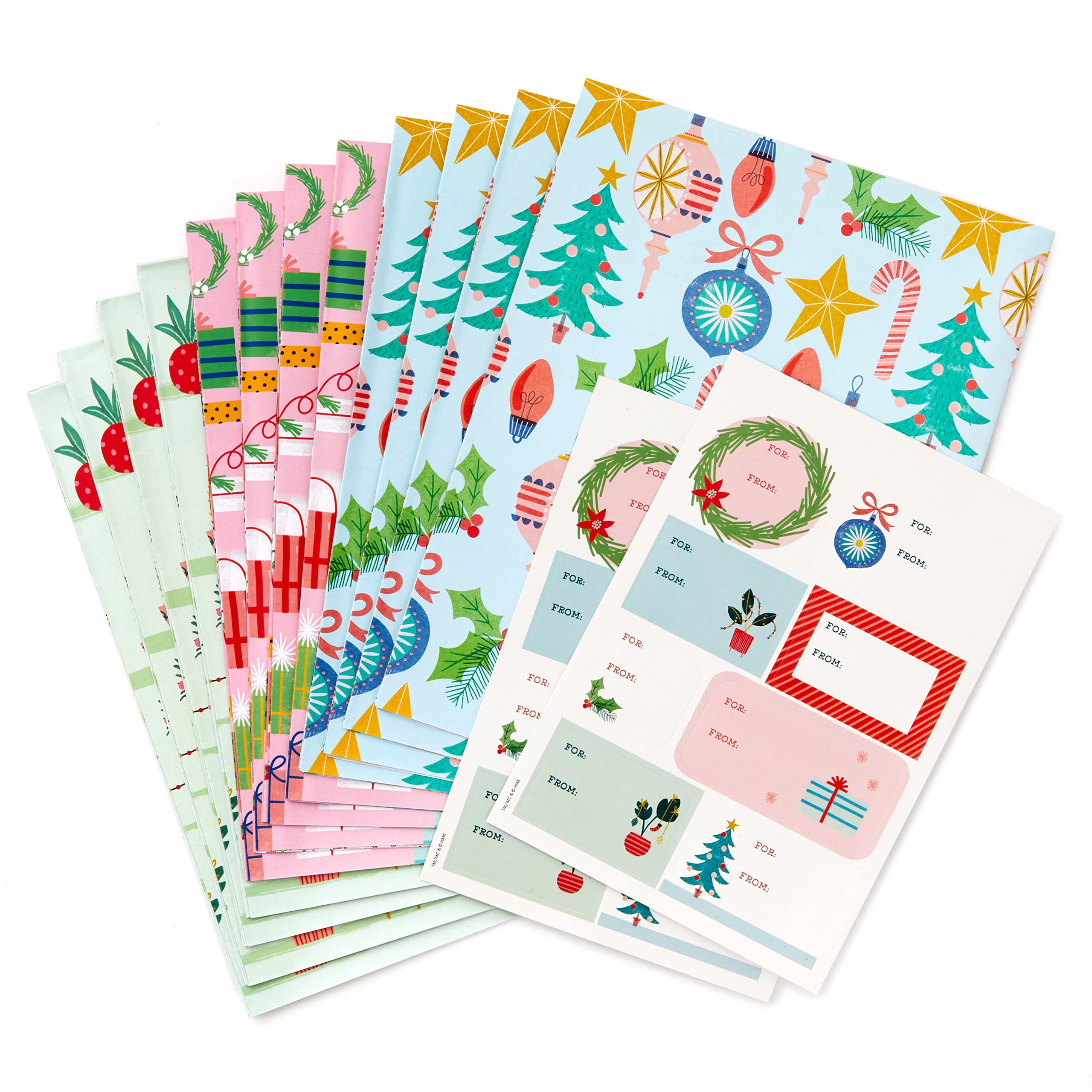 Hallmark Cute Christmas Flat Wrapping Paper Sheets with Cutlines on Reverse (12 Folded Sheets with Sticker Gift Tags) Pink, Mint Green, Plants, Cactus, Presents, Ornaments