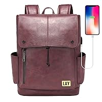 LXY Leather Laptop Backpack Women Vintage Travel Computer Backpack with USB Charging Port, Laptop Purse Book Bag for Ladies