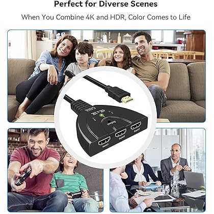 HDMI Switch, GANA 4K HDMI Splitter 3 in 1 Out, 3-Port HDMI Switcher Selector with Pigtail HDMI Cable,Supports Full HD 4K 1080P 3D Player, HDMI Hub Compatible with Fire Stick,HDTV,PS4 Game Consoles,PC