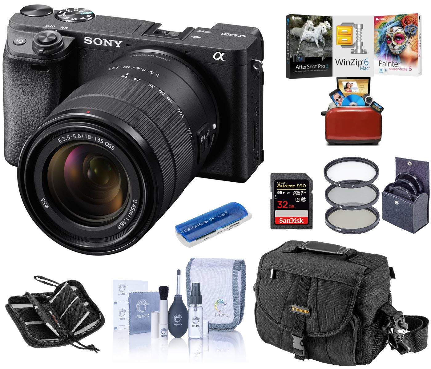 Alpha a6400 Mirrorless Digital Camera with 18-135mm f/3.5-5.6 OSS Lens - Bundle with Camera Case, 32GB SDHC Card, 55mm Filter Kit, Cleaning Kit, Card Reader, Memory Wallet, Mac Software Pack