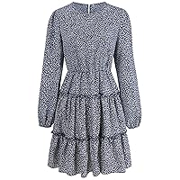 Women's Wear 2021 New Pullover Long-Sleeve Floral Fashion Dress Women's Autumn/Winter A-line Dress (Blue,M)