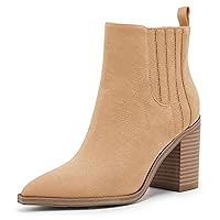 Womens Ankle Boots Slip on Pointed Toe Chunky Block Mid Heel Leather Elastic Panel Casual Chelsea Western Booties