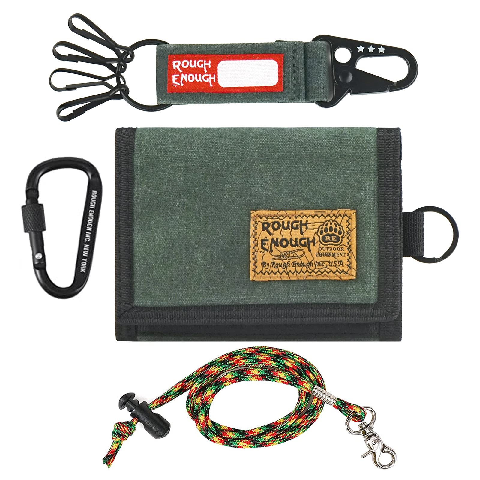 Rough Enough Boys Wallet for Teen Men Kids Wallets with Tactical Keychain Lanyard Carabiner Army Green Canvas