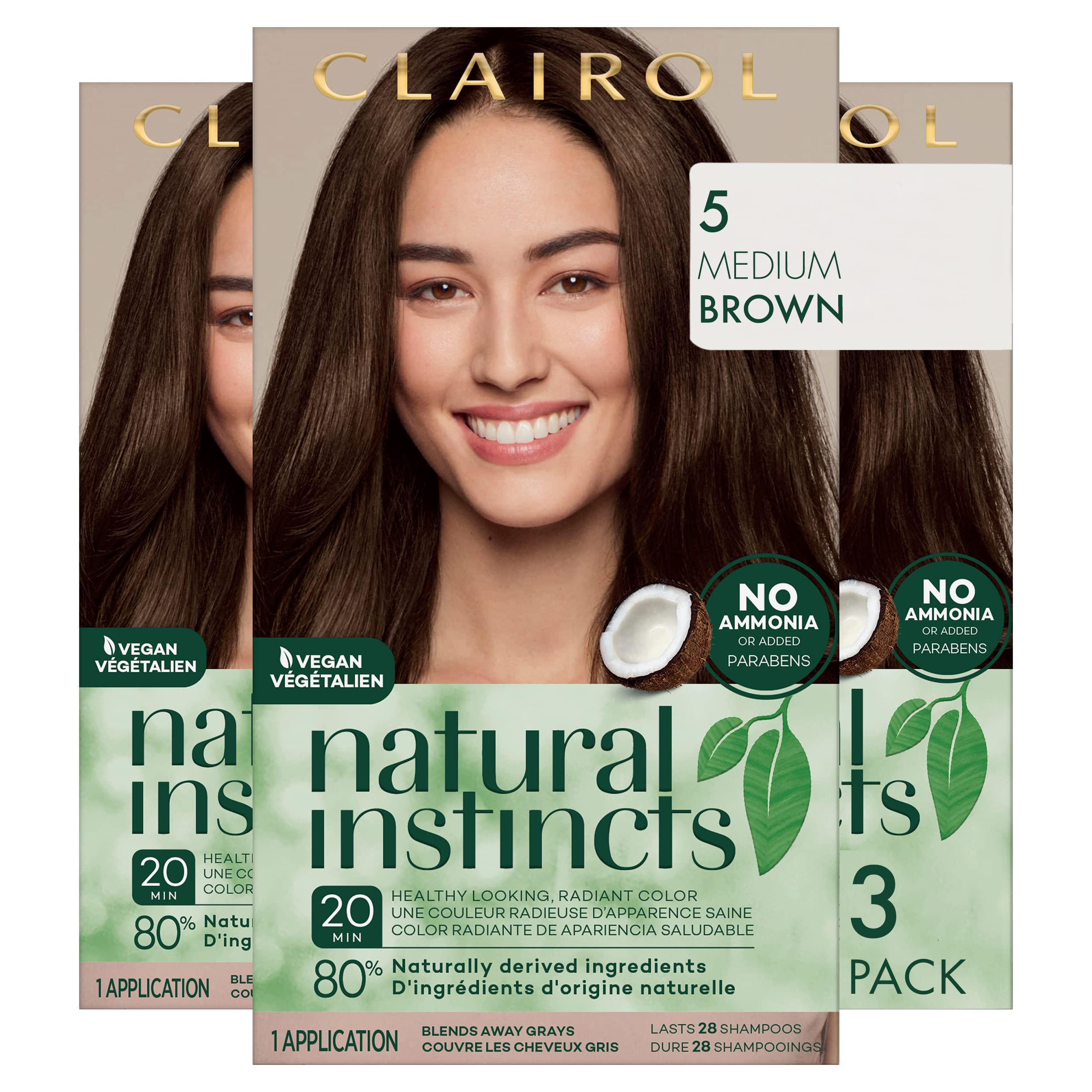Clairol Natural Instincts Demi-Permanent Hair Dye, 5 Medium Brown Hair Color, Pack of 3