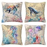 Sea Theme Set of 4 Pillow Covers 18x18 Inch, Jellyfish Turtles Whales and Seahorses Cushion Case Outdoor Sofa Throw Pillows Cover for Couch Living Room Bed Indoors Home Decor