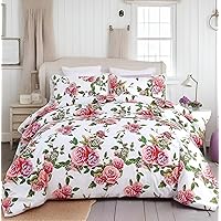DaDa Bedding Floral Duvet Cover Set- Romantic Roses Lovely Spring Garden Pink w/Pillow Cases - Bright Vibrant Multi-Colorful Blooming Flowers - Soft Comforter Cover w/Corner Ties - Queen - 3-Pieces