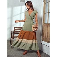 Dresses for Women Women's Dress Colorblock Surplice Neck Dress Dresses (Color : Mint Green, Size : Medium)