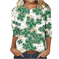 Womens 3/4 Sleeve Tops Lucky St Patricks Day Tees Shirt Shamrock Irish Tunic Tops Regular Fit Casual Graphic Tshirts