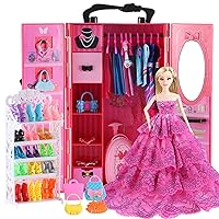 106Pcs Doll Clothes and Accessories Closet Wardrobe Playset for 11.5 Inch Girl Dolls Including Wardrobe, Shoes Rack ,Suitcase, Clothes, Dresses, Swimsuits, Shoes Hangers, Necklace ,Bags
