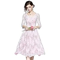 LAI MENG FIVE CATS Women's Elegant A Line Backless Floral Lace 3/4 Sleeve Knee Length Swing Dress