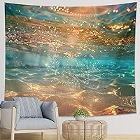 Ocean Wall Tapestries Glitter 3D Underwater Sunshine Sea Landscape Bubbles Brown Gold Green Polyester Decorative Backdrop Living Room Bedroom Couch Bar Club 1 Piece Tapestry Hanging 80x60 Inch