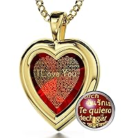 NanoStyle Gold Plated Silver Heart Pendant I Love You Necklace in 120 Languages in Pure Gold Inscribed in Miniature Text on Brilliant Cut Heart-Shaped Cubic Zirconia Gemstone, 18