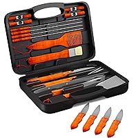 Home-Complete 4326466051 BBQ Grill Tools Set with Wood Handles & Knives Set-22 Pc Stainless Steel Barbecue Accessories with Wooden Handles, Case,4 Steak Knives, Spatula, Tongs