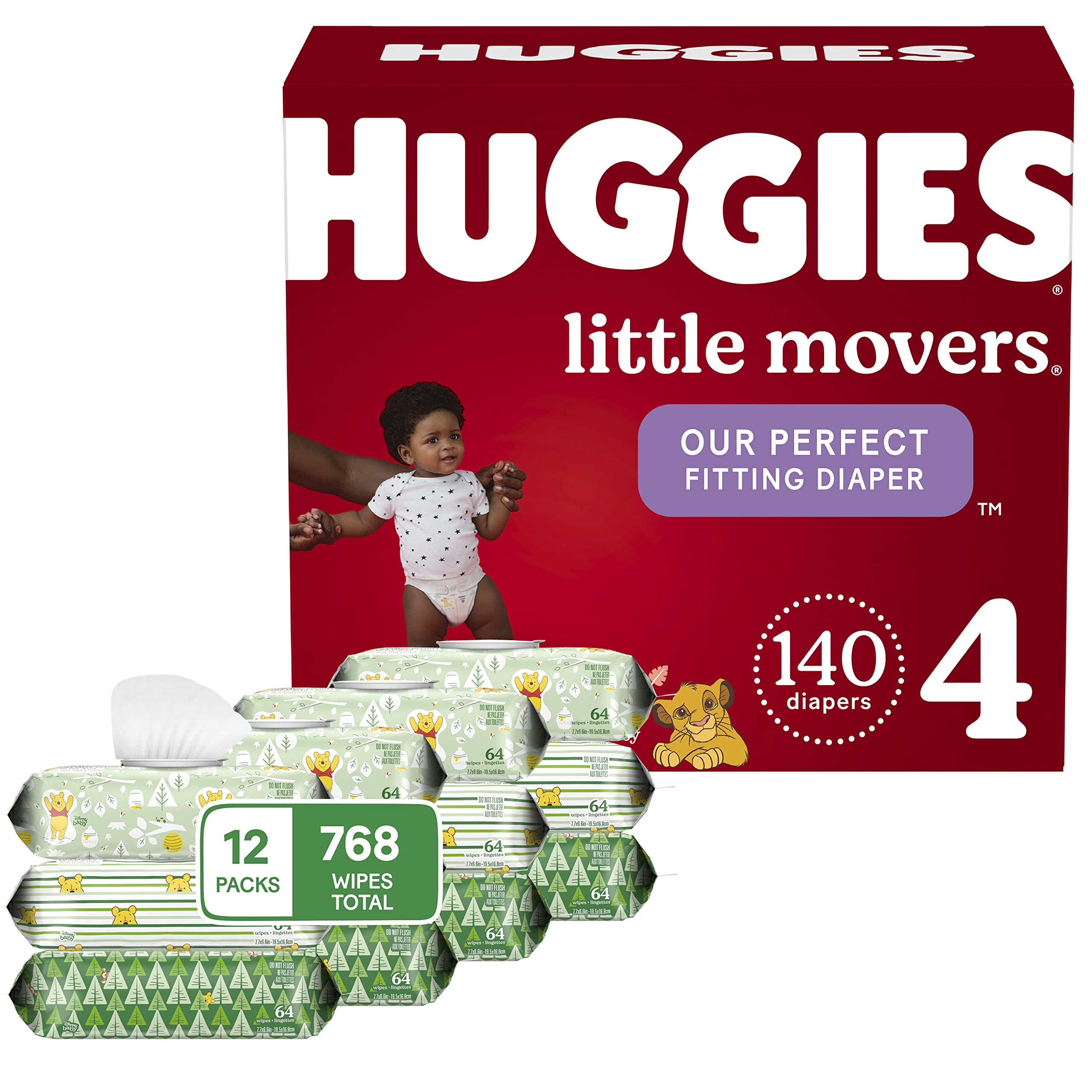 HUGGIES Baby Diapers and Wipes Bundle: Huggies Little Movers Size 4, 140ct & Natural Care Sensitive Baby Diaper Wipes, Unscented, 12 Flip-Top Packs (768 Wipes Total) (Packaging May Vary)